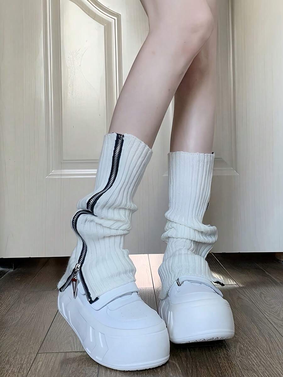 Bộ Tất Len Thời Trang Cá Tính Y2k Dây Kéo Cá Tính Tất Ống Ấm Áp Dệt Kim Chân Bộ Millennium Spice Bé Gái Ống Đống Tất - trắng - Xem 1