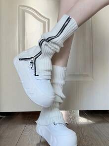 Bộ Tất Len Thời Trang Cá Tính Y2k Dây Kéo Cá Tính Tất Ống Ấm Áp Dệt Kim Chân Bộ Millennium Spice Bé Gái Ống Đống Tất - trắng - Xem 3