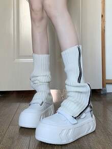 Bộ Tất Len Thời Trang Cá Tính Y2k Dây Kéo Cá Tính Tất Ống Ấm Áp Dệt Kim Chân Bộ Millennium Spice Bé Gái Ống Đống Tất - trắng - Xem 2