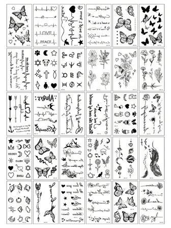 (30 pièces par set) Autocollants de tatouage temporaire créatifs noirs de petit motif, branches d'arbre réalistes, ciel étoilé, tatouages de fleurs de papillon convenant aux hommes et aux femmes, imperméables, convenant pour les bras, le visage, les doigts et le cou