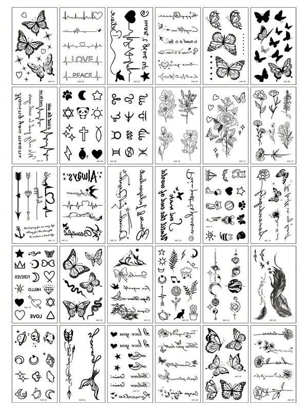 (30 Pieces Per Set) Creative Black Small Design Temporary Tattoo Stickers, Realistic Tree Branches, Starry Sky, Butterfly Flower Tattoos Suitable For Men And Women, Waterproof, Suitable For Arms, Face, Fingers, And Neck