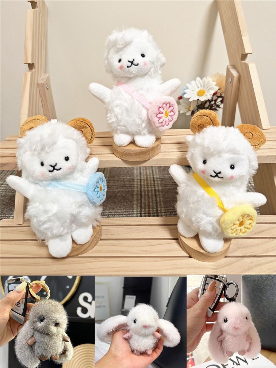 1pc Adorable Sheep Plush Pendant Backpack Charm, Soft Lamb Doll, Fluffy Rabbit Keychain, Cute Plush Bag Accessory - Multicolor - View 1