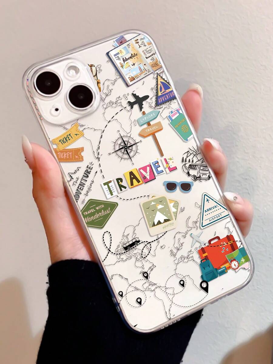 1pc World Travel Pattern Full Coverage Transparent TPU Anti-Fingerprint Phone Case Compatible With IPhone 13, 11, 14 Pro Max, 13 Pro, 15/15 Plus/15 Pro/15 Pro Max/12/12 Pro/12 Pro Max/14/14 Pro/13 Pro Max And Other Models - Multicolor - View 1