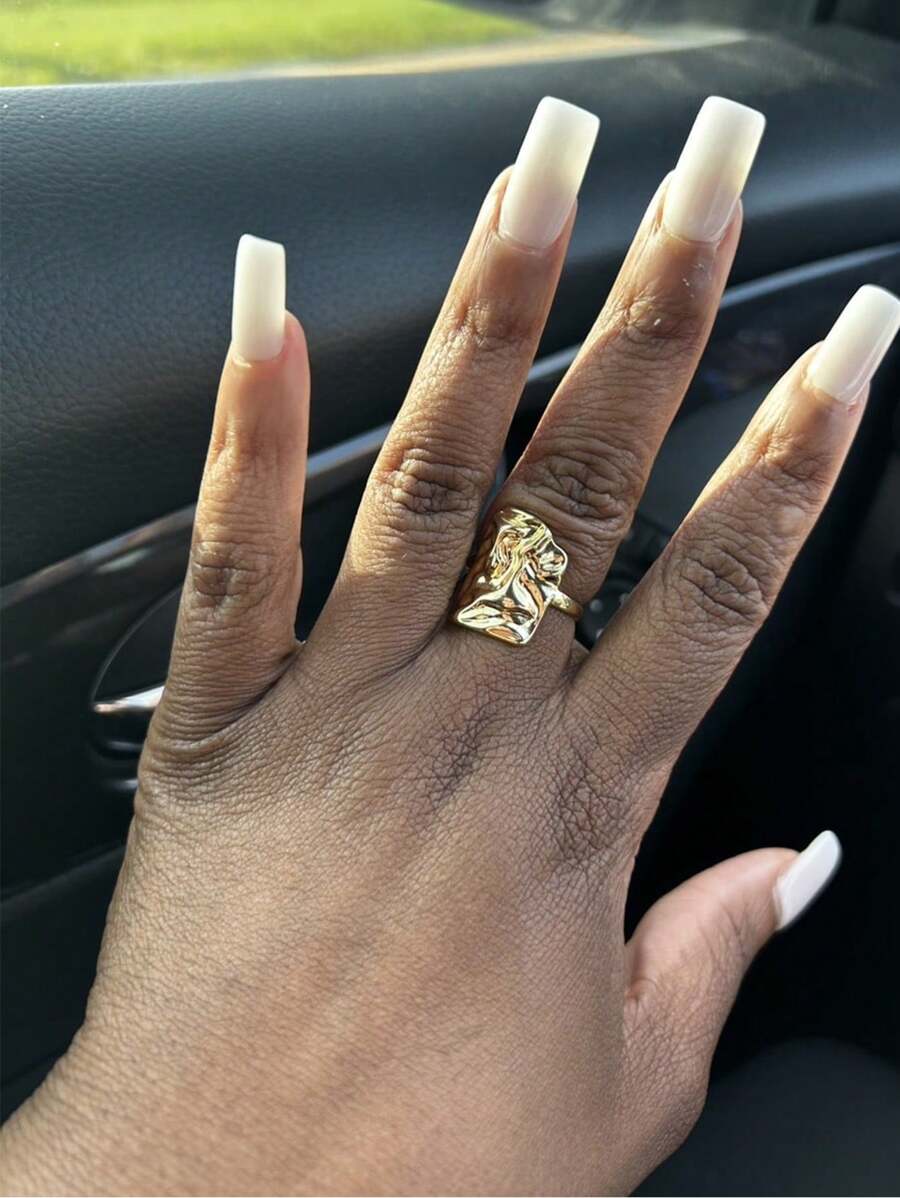 1 Chiếc Nhẫn Xếp Ly Vuông Bất Đối Xứng Thời Trang Cho Nữ Nhẫn Hình Học Bằng Thép Không Gỉ Quà Tặng Trang Sức Dự Tiệc Bãi Biển Mùa Hè - Vàng - Xem 1