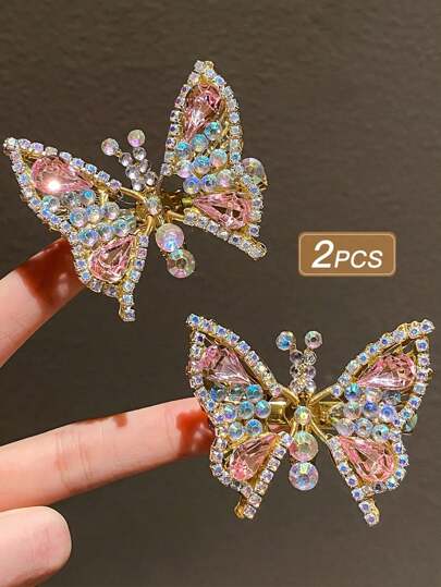 2pcs Rhinestone Decor Butterfly Hair Clips For Girls, Birthday Gift For Friends