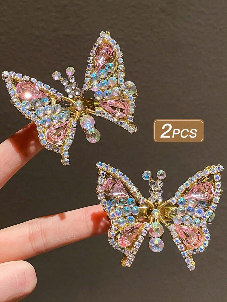 2 chiếc kẹp tóc bướm trang trí bằng kim cương giả cho bé gái, quà tặng sinh nhật cho bạn bè - Hồng - Xem 1