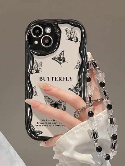 Luxury Cute Animal Butterfly Bracelet + Wavy Soft Transparent Phone Case Compatible With IPhone 17/17 Air/17 Pro/17 Pro Max/16/16 Pro/16 Plus/16 Pro Max 16 13 11 12 14 15 Pro Max 14 15 Plus Protective Cover