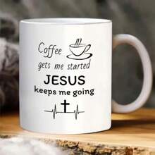 1pc, Christianity Mug Gift, Coffee Makes Me Started Jesus Keeps Me Going, Funny Inspirational Religion Christians Gifts, Faith Bible Christ Gift, Funny Gift, Tea Cup, 11oz Ceramic Coffee Mug Double-Sided Design, Drinkware, Home Decor