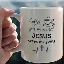 1pc, Christianity Mug Gift, Coffee Makes Me Started Jesus Keeps Me Going, Funny Inspirational Religion Christians Gifts, Faith Bible Christ Gift, Funny Gift, Tea Cup, 11oz Ceramic Coffee Mug Double-Sided Design, Drinkware, Home Decor