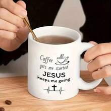 1pc, Christianity Mug Gift, Coffee Makes Me Started Jesus Keeps Me Going, Funny Inspirational Religion Christians Gifts, Faith Bible Christ Gift, Funny Gift, Tea Cup, 11oz Ceramic Coffee Mug Double-Sided Design, Drinkware, Home Decor