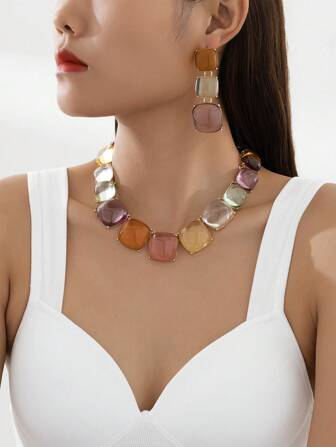 1pc Sexy Bold Purple Sugar Cube Necklace Set, Charming Goddess Turquoise Blue Collar Bone Earrings Can Be Purchased Separately