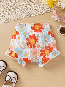3pcs Baby Girls' Elegant Sweet Letter, Rainbow & Floral Print Ruffle Bodysuit, Shorts And Headband Set For Casual, Daily Wear, Vacation And Party