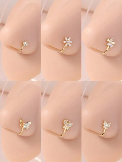 KARYOKO 1 件装人造鼻环非穿孔镶嵌方晶锆石夹式鼻环花蝴蝶形鼻环假鼻环女士银色金色情人节、妈妈、母亲、母亲节、礼物