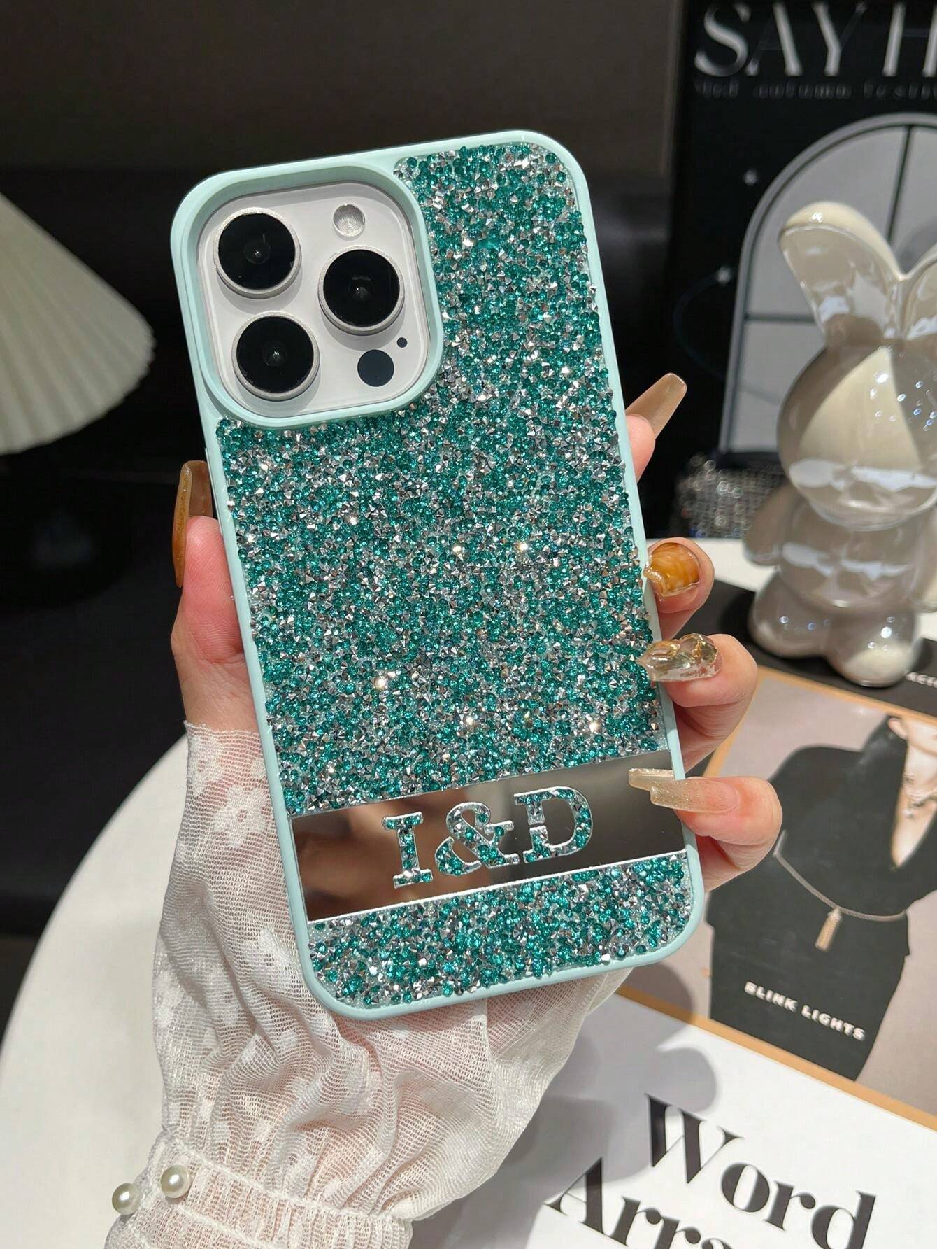 Y2k 1pc Customized Diamond Blue Phone Case, Personalized Design Phone