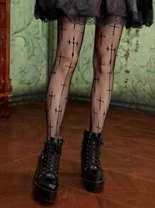 1 双女式朋克交叉网眼大腿袜，哥特式深色镂空透视高腰透明紧身裤 - 黑色 - 查看 5