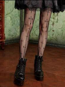 1 双女式朋克交叉网眼大腿袜，哥特式深色镂空透视高腰透明紧身裤 - 黑色 - 查看 2