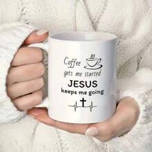1pc, Christianity Mug Gift, Coffee Makes Me Started Jesus Keeps Me Going, Funny Inspirational Religion Christians Gifts, Faith Bible Christ Gift, Funny Gift, Tea Cup, 11oz Ceramic Coffee Mug Double-Sided Design, Drinkware, Home Decor