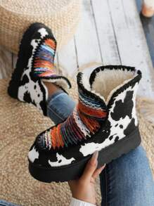Bohemian Platform Western Cow Print Snow Boots For Women – Stylish And Cozy Winter Footwear