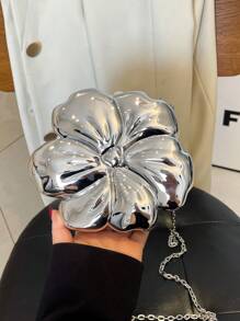 Women's Elegant Mini Flower Shaped Chain Crossbody Bag, Metallic Y2K Style Theme Party Shoulder Bag, Fashionable Novelty Shaped Bags, Versatile Small Mobile Phone Key Coin Purse, Portable Outdoor Travel Vacation Cosmetic Bags, Wear-Resistant Solid-Color Clutch Bag - 銀色 - 查看 5