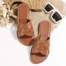 New Arrival Plus Size Women's Comfortable Simple Round Toe Hollow Out Leather Flat Slippers Open Toe Casual Beach Sandals, Summer - Brown - View 4