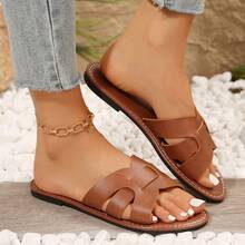 New Arrival Plus Size Women's Comfortable Simple Round Toe Hollow Out Leather Flat Slippers Open Toe Casual Beach Sandals, Summer - Brown - View 3