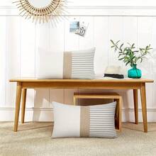 1入農舍式枕套，現代風格的正方形坐墊套，灰色和米色條紋拼接裝飾枕套，適用於沙發椅臥室（不含枕芯）