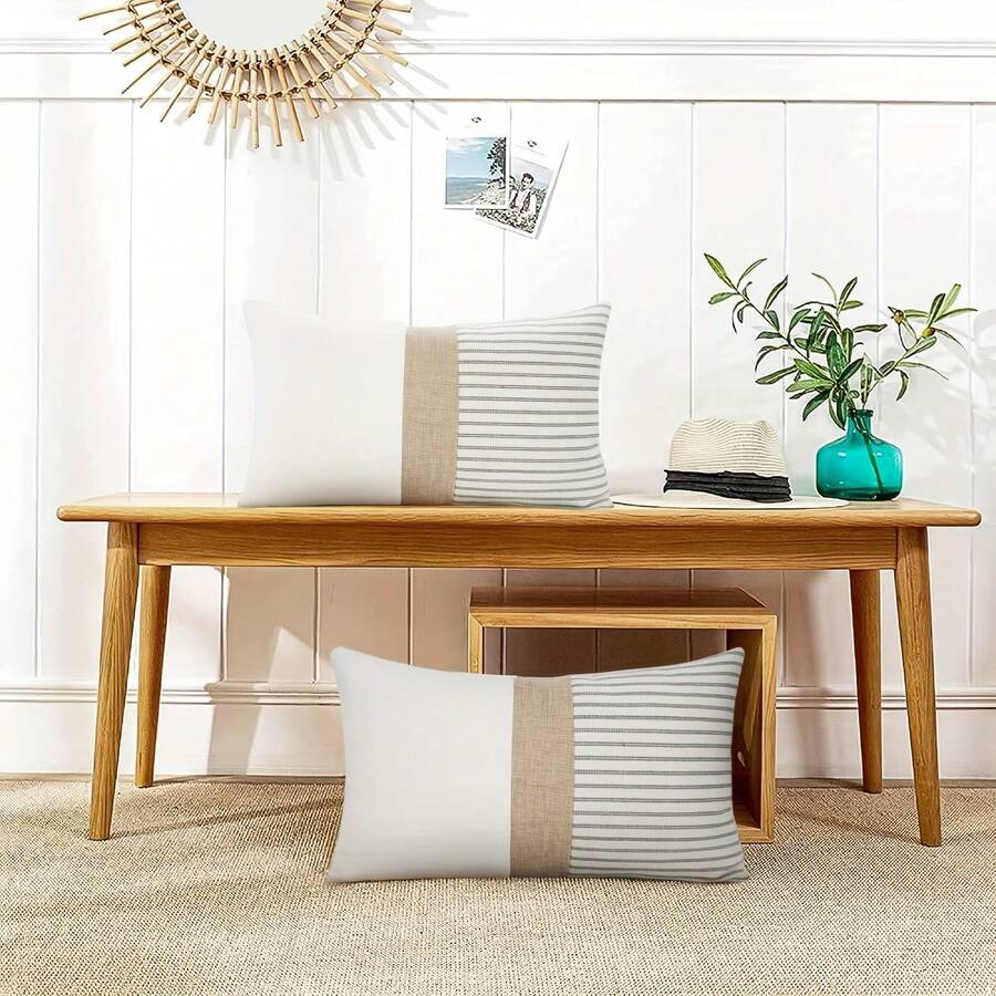 1入農舍式枕套，現代風格的正方形坐墊套，灰色和米色條紋拼接裝飾枕套，適用於沙發椅臥室（不含枕芯）