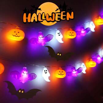 1PC 10/20/30 LED Halloween Bat & Ghost & Pumpkin String Light Garden Horror Atmosphere Hanging Decorative Lamp Battery Powered For Halloween Theme Party Home Bedroom Live House Decoration(Without Battery, White Color) Halloween Decor Light Home Decor Party Decor Halloween Decoration Room Decor Halloween Garden Decor For Gift Fairy