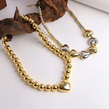 1 件大圆球珠心形吊坠项链女式金色银色心形珠子颈链项链珠宝礼物情人节 - 愛心 - 查看 2