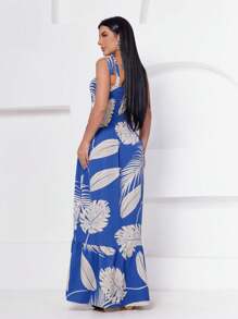 Long Lastex Dress With Printed Strap - Blue - View 4