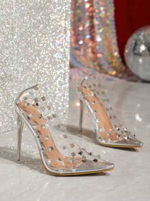 Pointed Transparent Tangerine Decor Low Vamp Stiletto High Heel Fashion Shoes Wedding Shoes, Sizes 35-42
