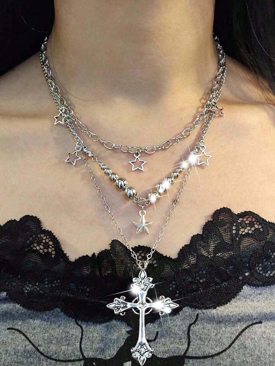 3入組復古哥德式十字星形流蘇項鍊套裝，鑲嵌水晶的非常規星形珠子嘻哈極簡主義項鍊套組合，適用於女性