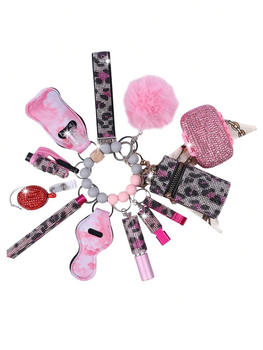13pcs Women Rhinestone Keychain Set - Wristlet Keychain With Pouch, Pom Pom And Card Holder, Novel Design, For Self-Defense Protection Car Accessories Bag Charm School Cute Goth Y2k - Multicolor - View 1