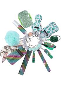 13-Pcs Women's Rhinestone Self-Defense Keychain Set - Bracelet Keychain With Storage Bag, Pom Pom Card Holder, Stylish And Durable Design For Self-Protection