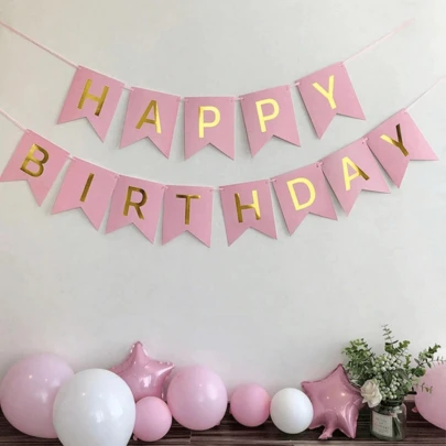 1set Pink Happy Birthday Paper Pennant Bunting, Modern Metal Letter Graphic Hanging Flag Decor For Birthday Party,Christmas
