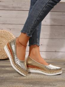 Mujer estilo nuevo talón de cuña con suela gruesa, tejido de unicolor sin cordones, zapato deportivo informal cómodo y ligero con borlas - Dorado - Ver 2