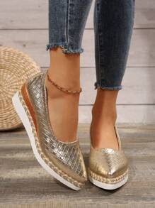 Mujer estilo nuevo talón de cuña con suela gruesa, tejido de unicolor sin cordones, zapato deportivo informal cómodo y ligero con borlas - Dorado - Ver 3