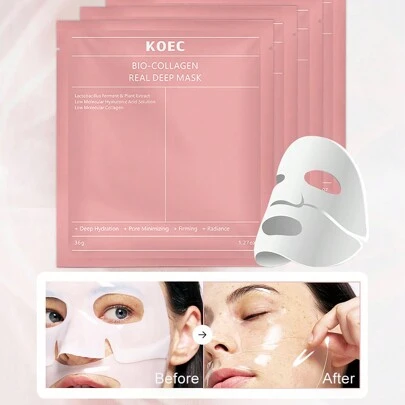  Mascarilla facial nutritiva profunda de colágeno KOEC - Paquete de 4 piezas, Mascarilla de gel hidratante para dormir, Minimizador de poros, Potenciador de la elasticidad de la piel