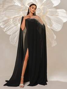 Missord Váy dạ hội Maxi xẻ tà đính đá Rhinestone cho nữ màu đen thanh lịch dài tay trang trọng dự tiệc cưới, dự tiệc tốt nghiệp, tiệc tối - màu đen - Xem 5
