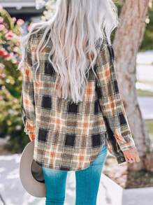 Astylish 女士休闲春秋格子衬衫 短袖圆下摆纽扣开衩衬衫 - 黑色 - 查看 6