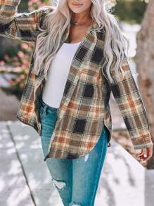 Astylish 女士休闲春秋格子衬衫 短袖圆下摆纽扣开衩衬衫 - 黑色 - 查看 5