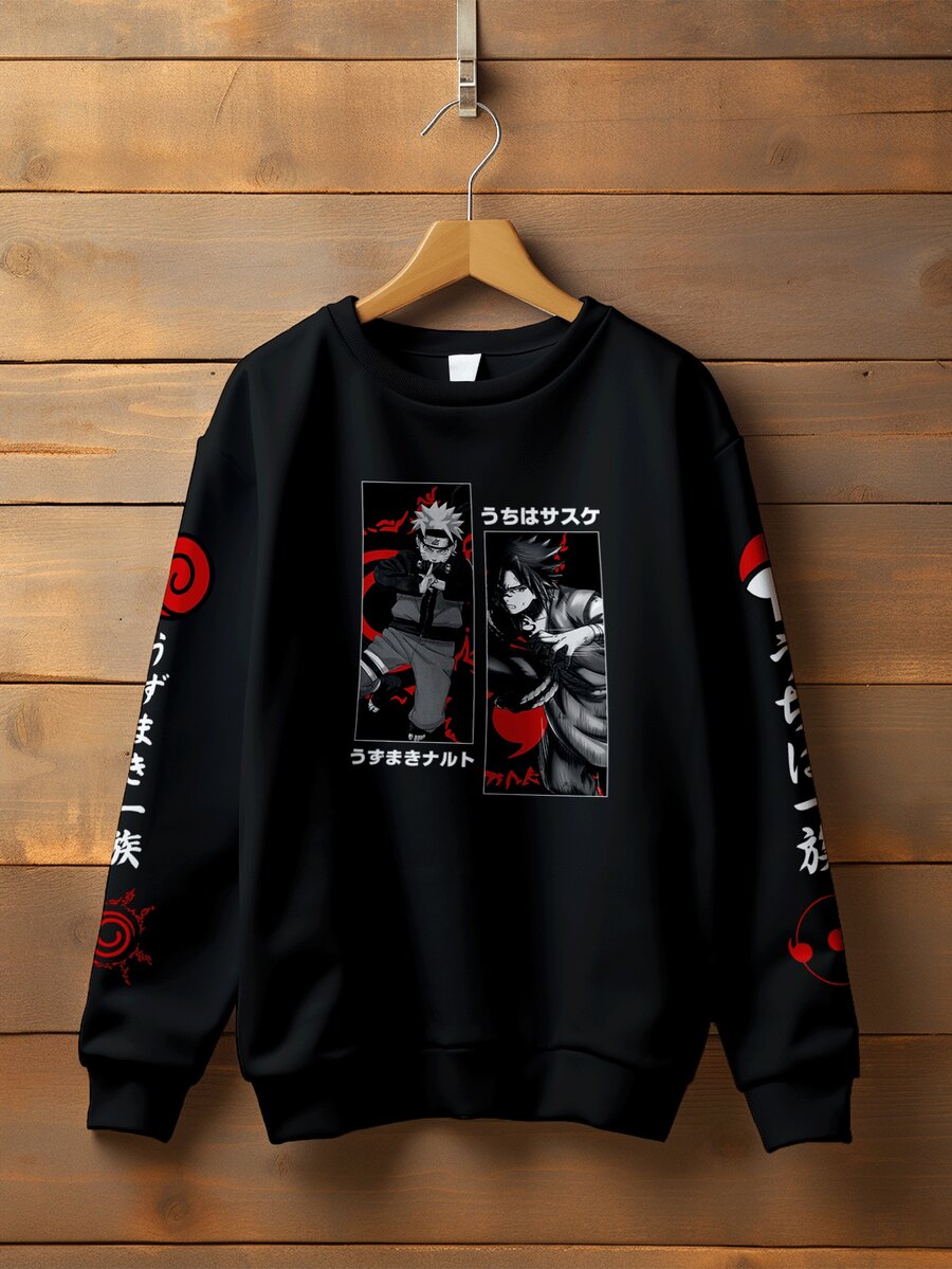 Kakashi Uzumaki And Sasuke Uchiha Cloud Print Crew Neck Sweatshirt - 黑色 - 查看 1