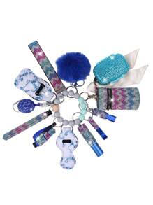 13-Pcs Women's Rhinestone Self-Defense Keychain Set - Bracelet Keychain With Storage Bag, Pom Pom Card Holder, Stylish And Durable Design For Self-Protection