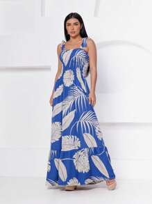 Long Lastex Dress With Printed Strap - Blue - View 2