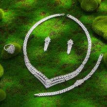 方晶锆石 4 件套新娘首饰套装时尚迪拜阿联酋婚礼首饰项链套装 - 白色 - 查看 1