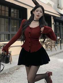 [Y6Y]Fashion Red Long Sleeve Knit Sweater, Fitted Cut Design, Ruffle Trim, Regular Length, Suitable For Autumn/Winter Christmas Holiday Outfit - Red - View 1