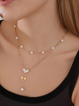 1pc Gold-Plated Stainless Steel Double Layer Chain Necklace With Heart Pendant, Faux Pearl And Tassel Decor, Suitable For Valentine's Day, Mother's Day, Gift Occasion, No Gift Box