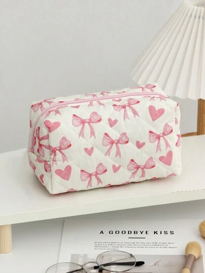 1pc Cute Heart & Bow Pattern Multi-Functional Checkerboard Makeup Bag, Can Be Used As Sanitary Pad Bag, Coin Purse, Large Capacity Square Makeup Bag, Travel Cosmetic Bag, Skincare Bag, Toiletry Bag, Storage Pouch, Essential For Travel, Cruise, Dorm Make Up Bag