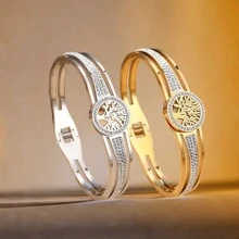 1pc 18K Gold-Plated Vacuum Plating 304L Stainless Steel Bracelet With Tree Of Life Design And Glass Drill, Suitable For Women's Daily Wear, Ins Style, Summer - Style 1 - View 1