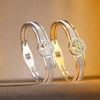 1pc 18K Gold-Plated Vacuum Plating 304L Stainless Steel Bracelet With Tree Of Life Design And Glass Drill, Suitable For Women's Daily Wear, Ins Style, Summer
